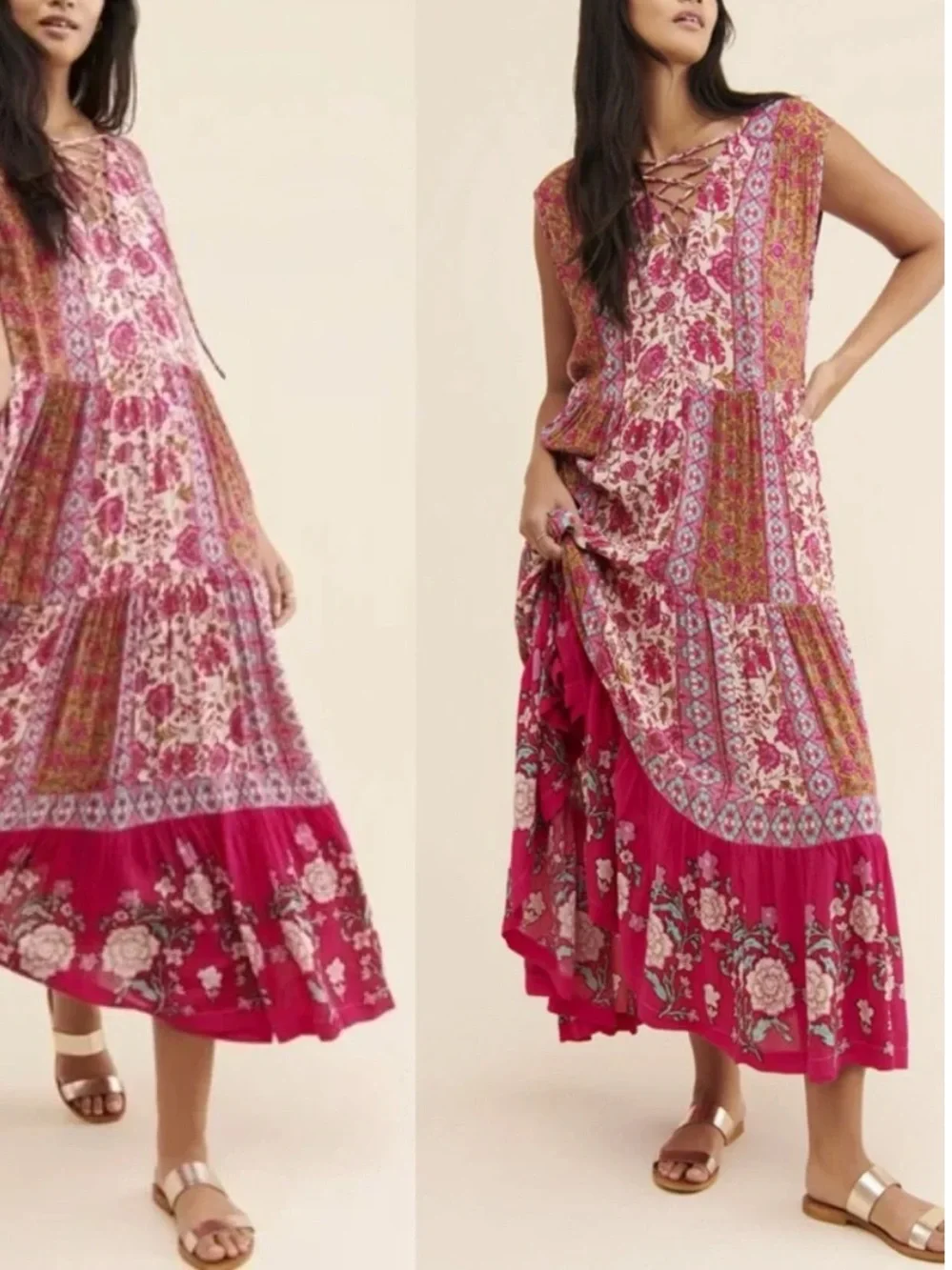 Free People Hanalei Bay Maxi Dress Patchwork Boho Floral Tiered Maxi Dress